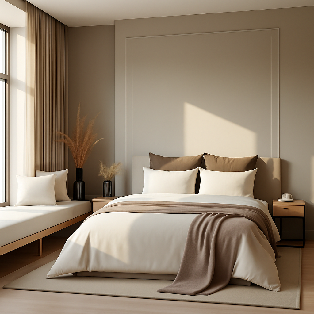Luxuriöses Schlafzimmer mit Designerbett, Vorhängen und stilvollen Details Modern eingerichtetes Schlafzimmer mit großem Doppelbett, neutralen Beige- und Brauntönen, Tagesdecke und Sonnenlicht, das durch ein großes Fenster einfällt.
