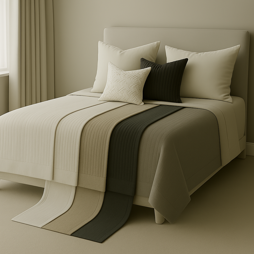 Modernes Bett mit Kissen und Überdecke in Beige- und Grautönen, ergänzt durch einen Stoffläufer in abgestuften Farben.