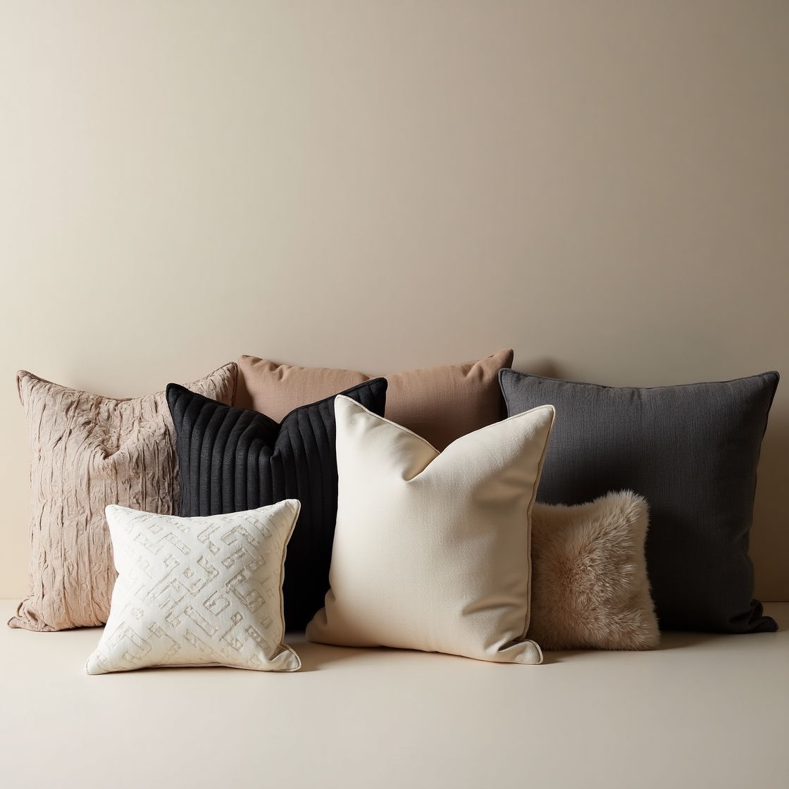 Dekorative Kissen in beige, schwarz und felloptik, vor einer neutralen Wand arrangiert.