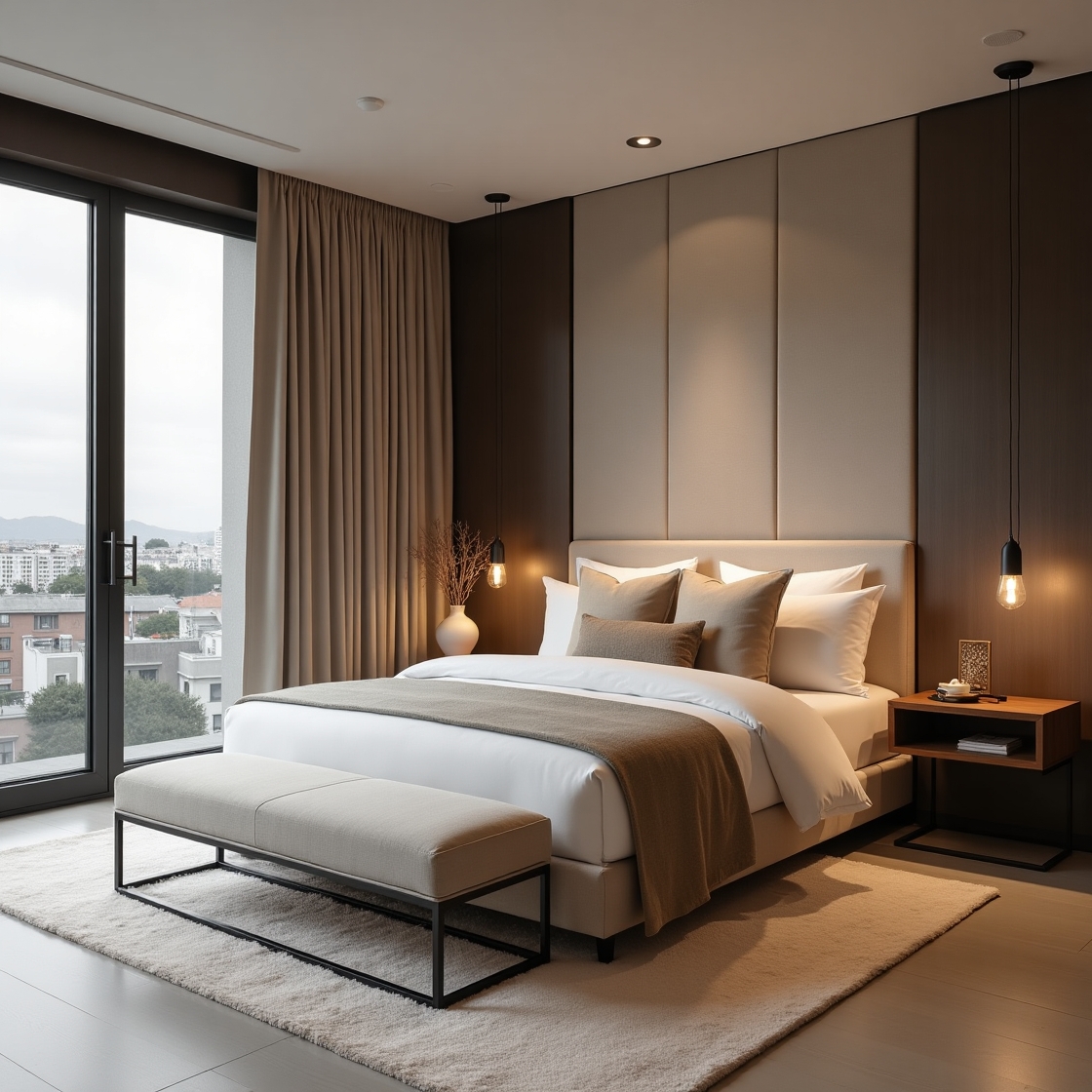 Luxuriöses modernes Schlafzimmer mit Designerbett, beiger Bettwäsche, stilvollen Hängelampen und bodentiefen Fenstern mit Vorhängen.